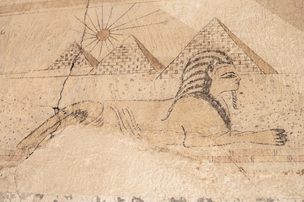 The Cat of Padure, watercolor and goache on plaster, 2023.&amp;nbsp; Reference to the most common souvenir papyrus drawing of the Giza pyramids and Sphinx.